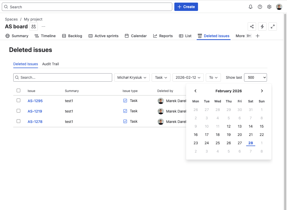 Filter bar with active filters applied to the Deleted Issues list