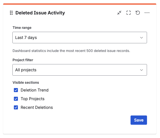 Gadget configuration panel showing time range, project filter, and section toggle settings