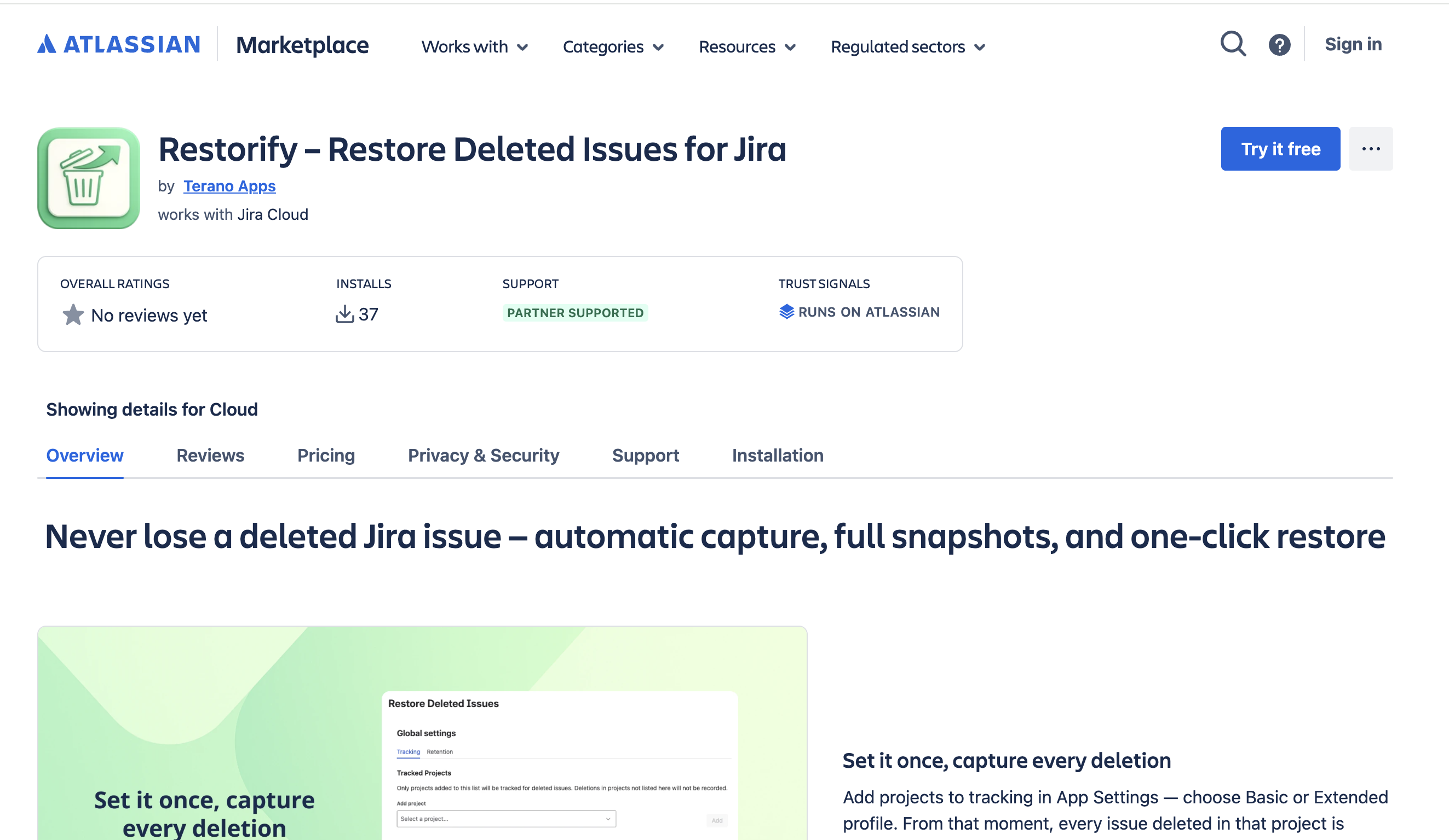 Restorify app listing on the Atlassian Marketplace — showing the app name, publisher Terano Apps, and the Try it free button