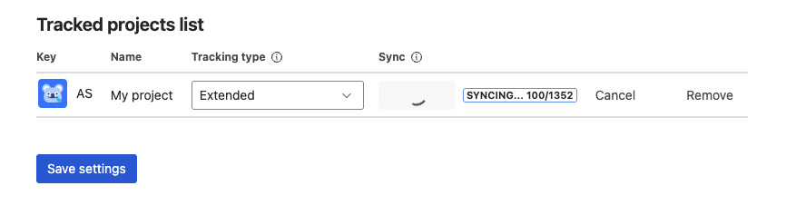 Project Scan — Run scan button and progress indicator in the Tracking tab