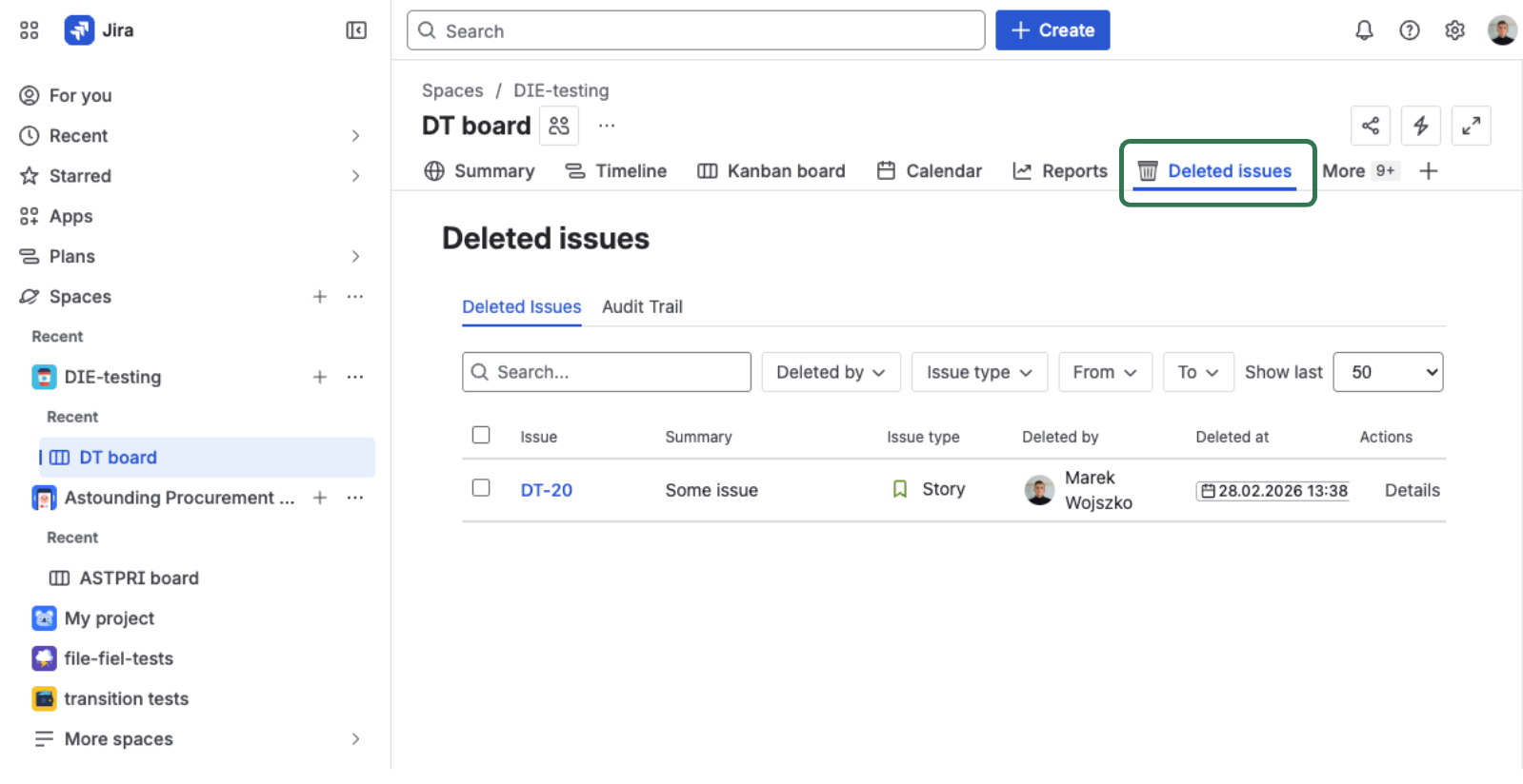 Jira project sidebar showing the Restore Deleted Issues link in the left navigation