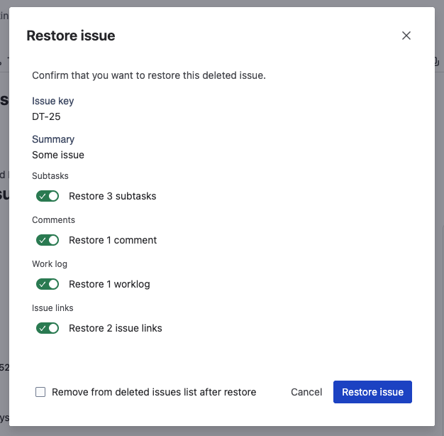 Restore modal — selective options with checkboxes
