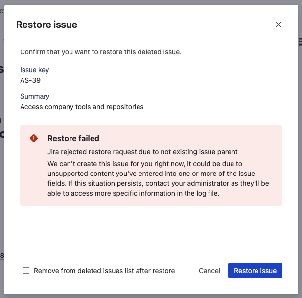Restore result modal showing a failed restore with the specific error reason
