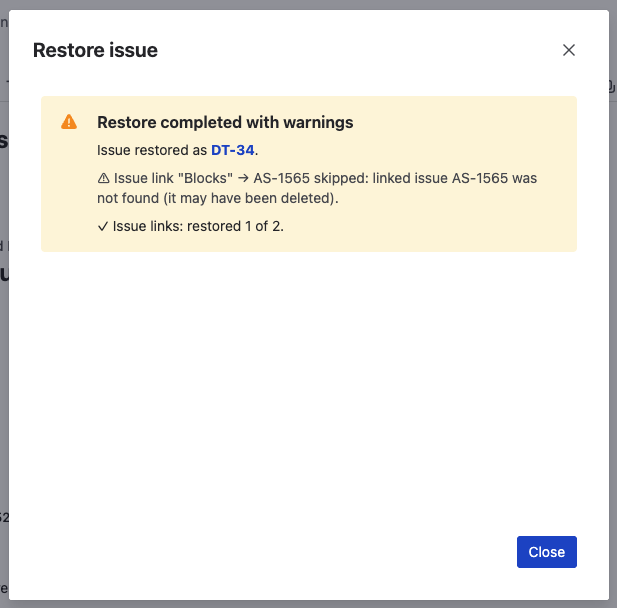 Restore result modal showing a partial restore with warnings and a breakdown of what was and wasn't restored