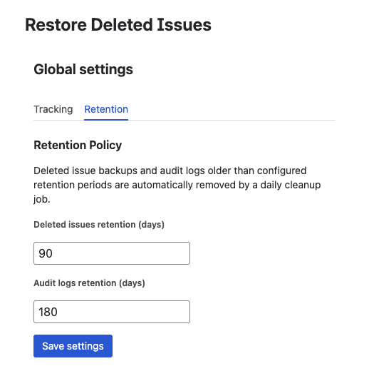 Retention Policy settings — configurable record and audit retention periods