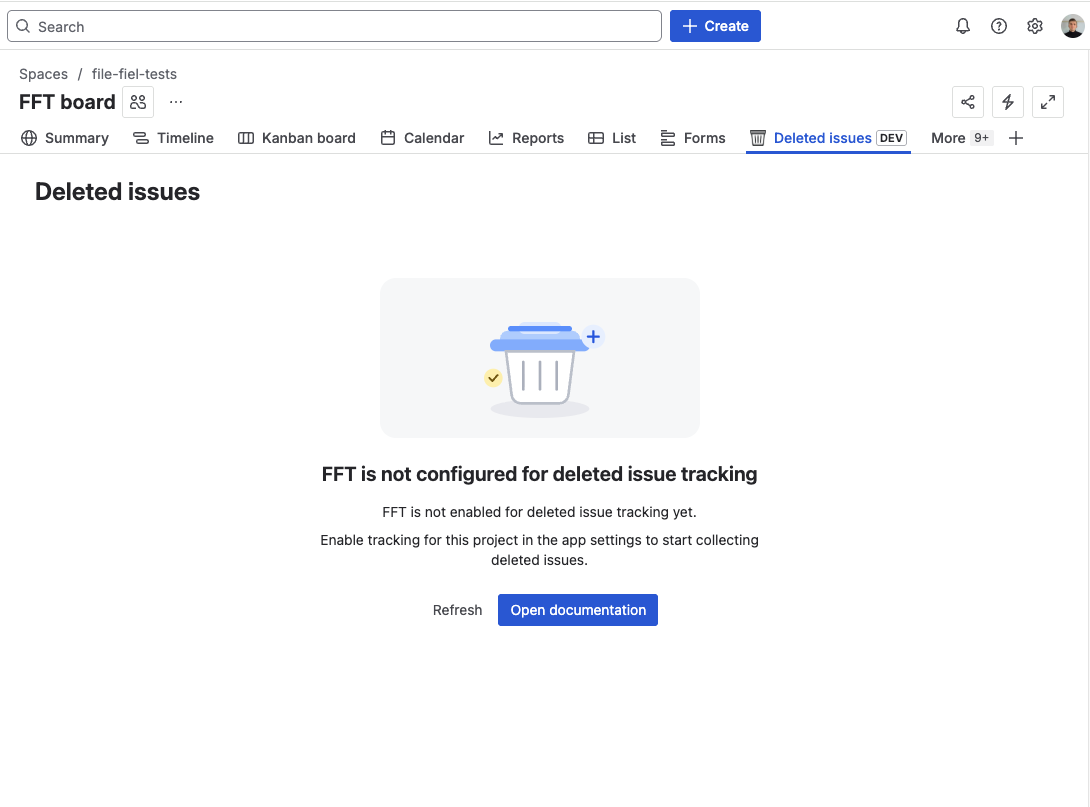 Deleted Issues panel showing a status banner for a project that is not currently tracked