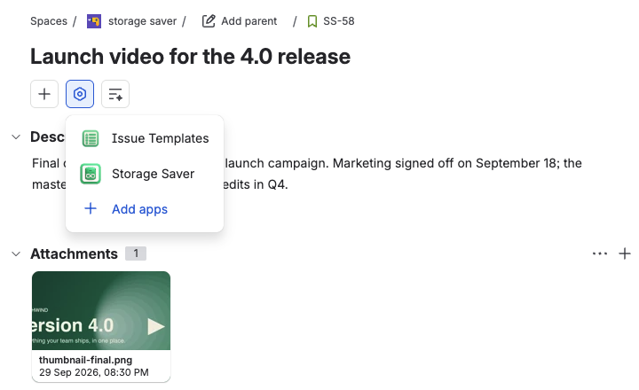 A work item with the View app actions menu open under its title, listing Storage Saver