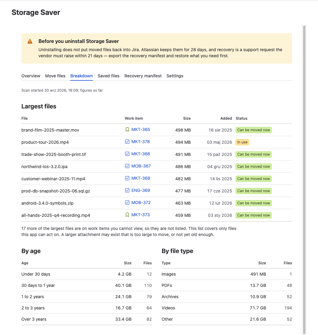 The Breakdown tab: the Largest files list with each file's work item, size, date and status, then the By age and By file type tables