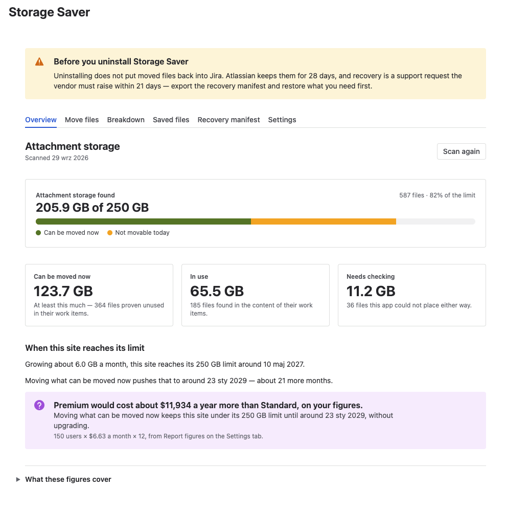 The Overview tab: the storage meter against the site's limit, the Can be moved now, In use and Needs checking tiles, and the limit forecast