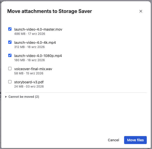 The Move attachments to Storage Saver dialog: the work item's attachments, three large files ticked, the collapsed Cannot be moved group, and the Move files button