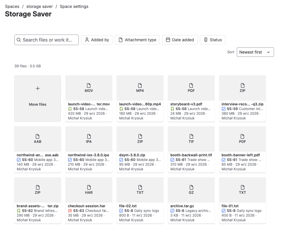 Storage Saver page in a project’s Space settings — the Move files tile, then every file moved out of the project, with search and filters