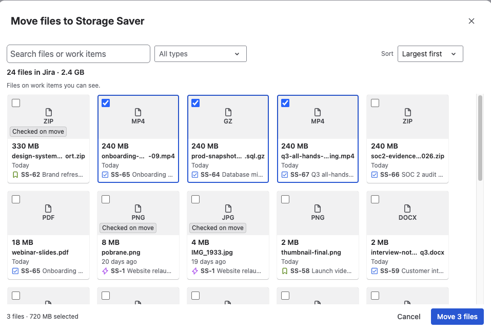 The Move files to Storage Saver picker on a project page: files still in Jira, largest first, three of them ticked, and the Move button