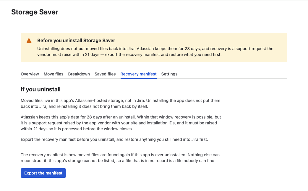 The Recovery manifest tab — the If you uninstall section on what happens to moved files after an uninstall, and the Export the manifest button