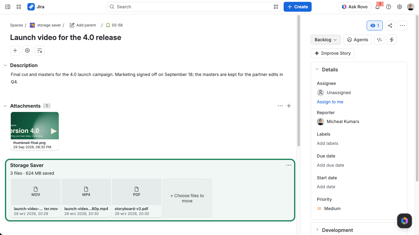 A whole Jira work item page: one file left among its attachments and, outlined below them, the Storage Saver panel holding the three moved files