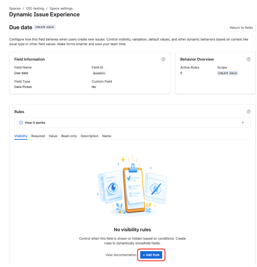 Initial rule configuration form showing Screen selection, Target Field, and Action category options