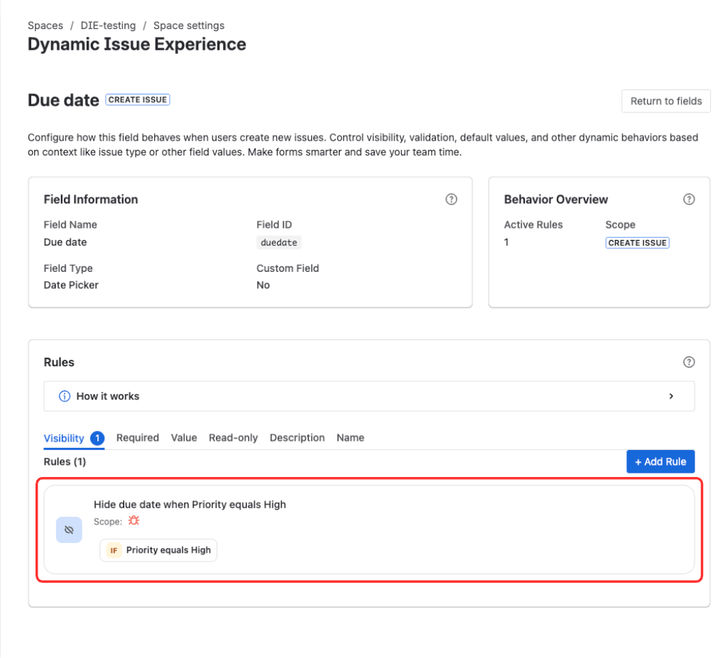 Rules list showing the newly created rule with auto-generated name and enabled status