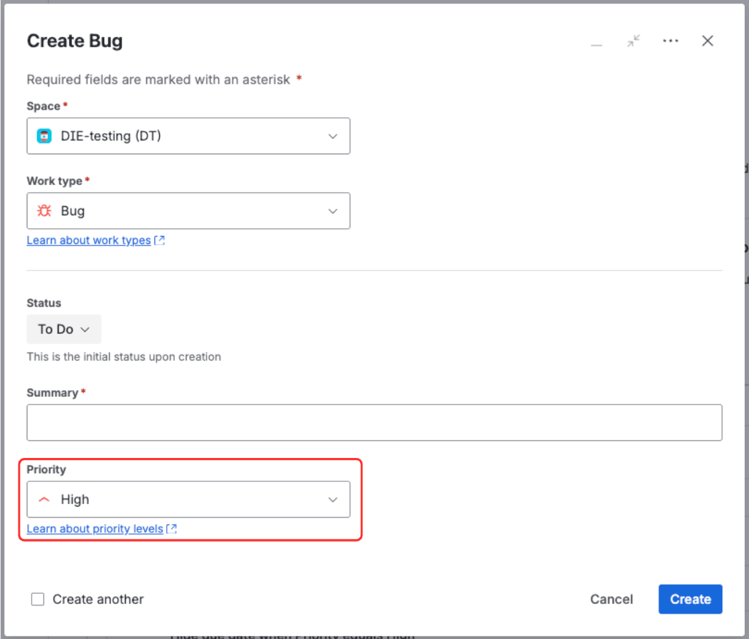 Create Issue dialog showing Bug issue type with Priority changed to High, and Root Cause field now hidden