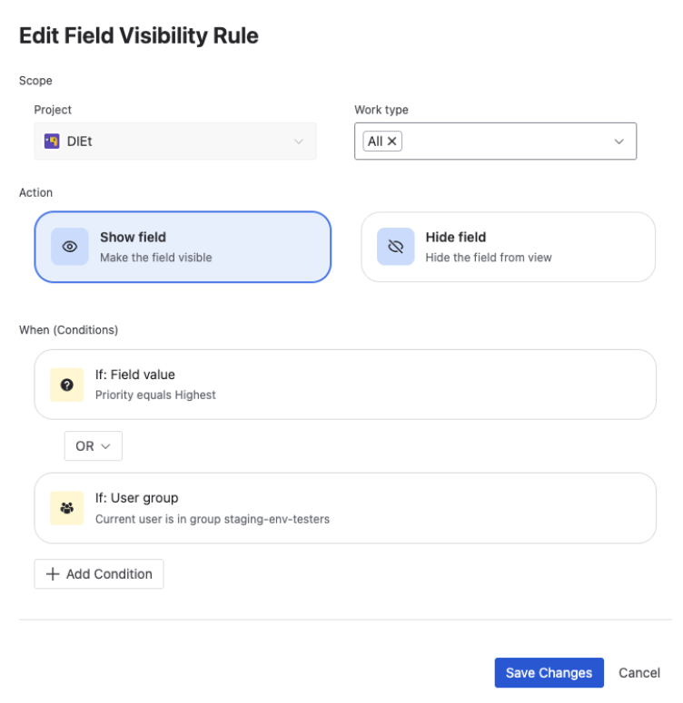 Rule editor with action and condition configuration