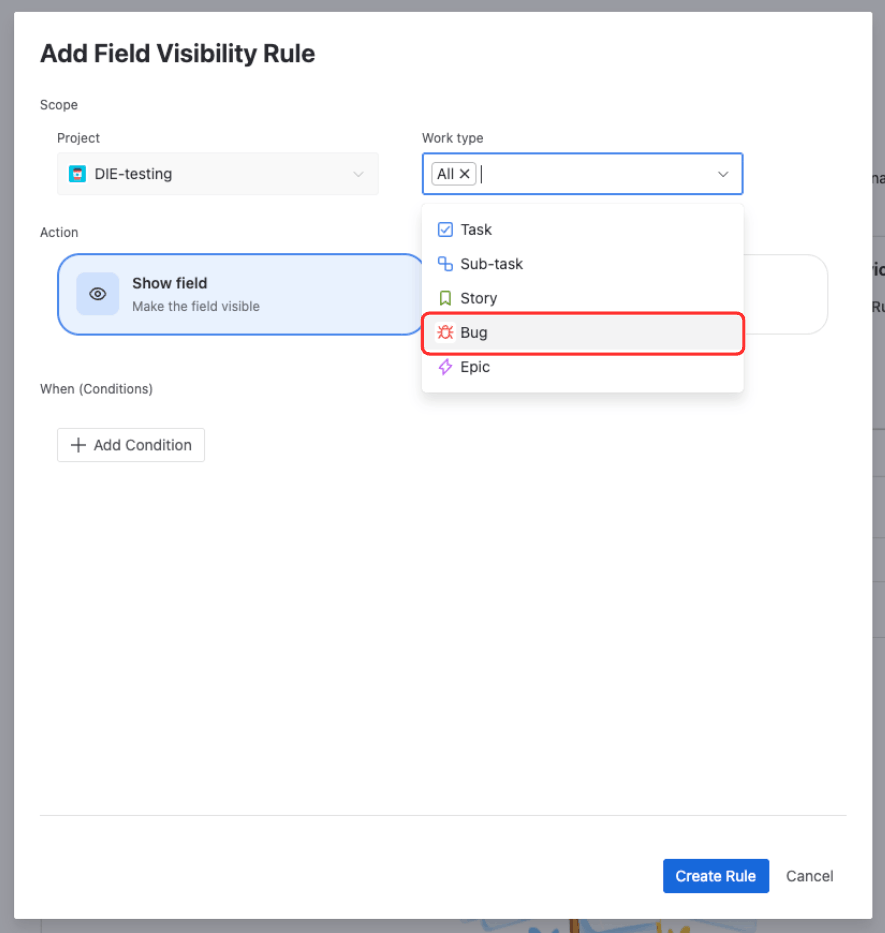 Scope configuration section showing Issue Type selection with Bug selected