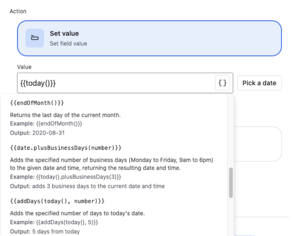Set action configuration for dynamic default values