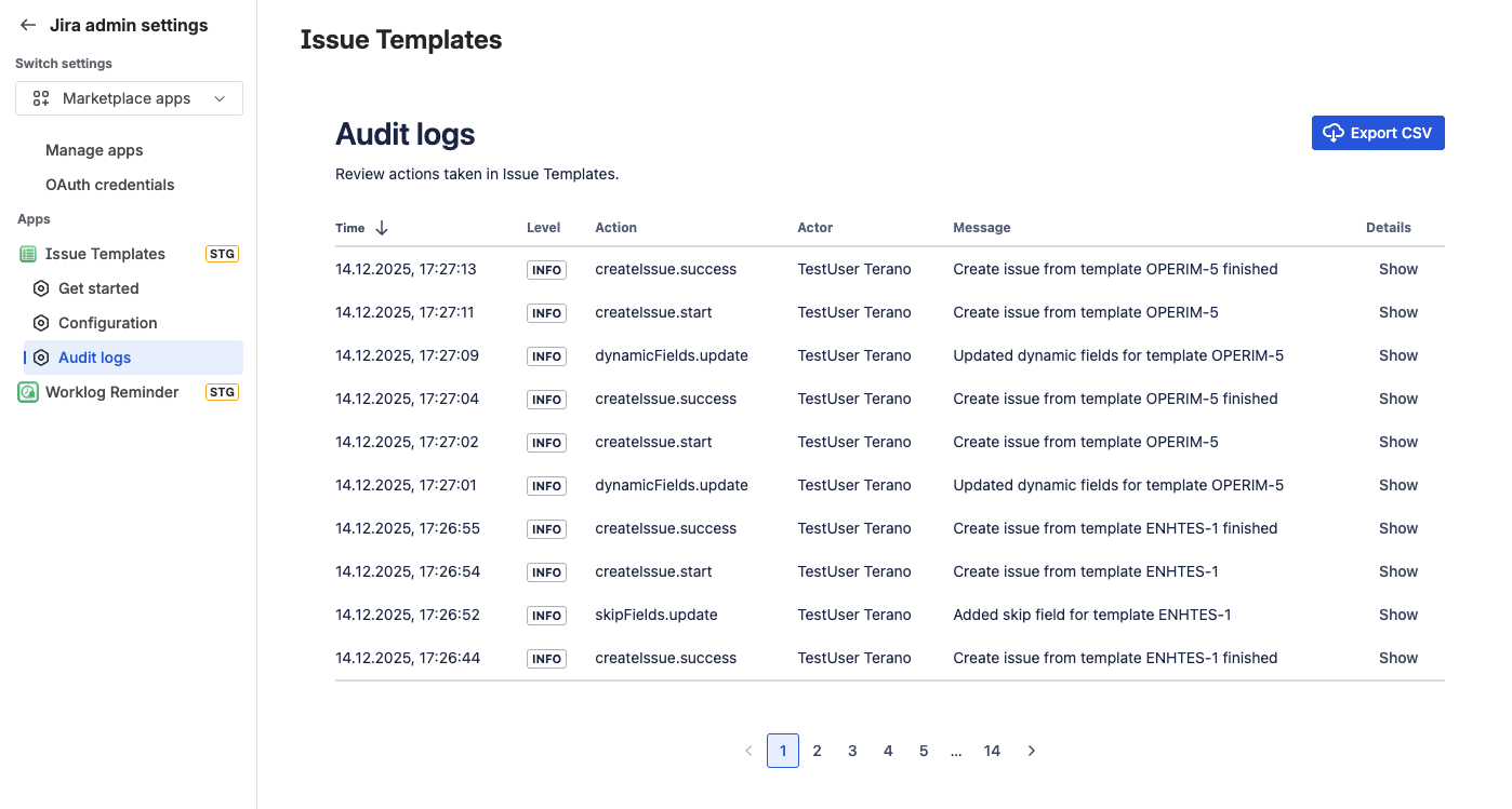 Audit logs table showing template actions with timestamps and user details