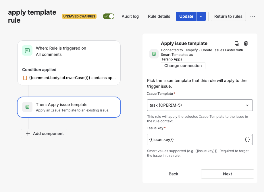 Templify automation actions available in Jira Automation rule builder