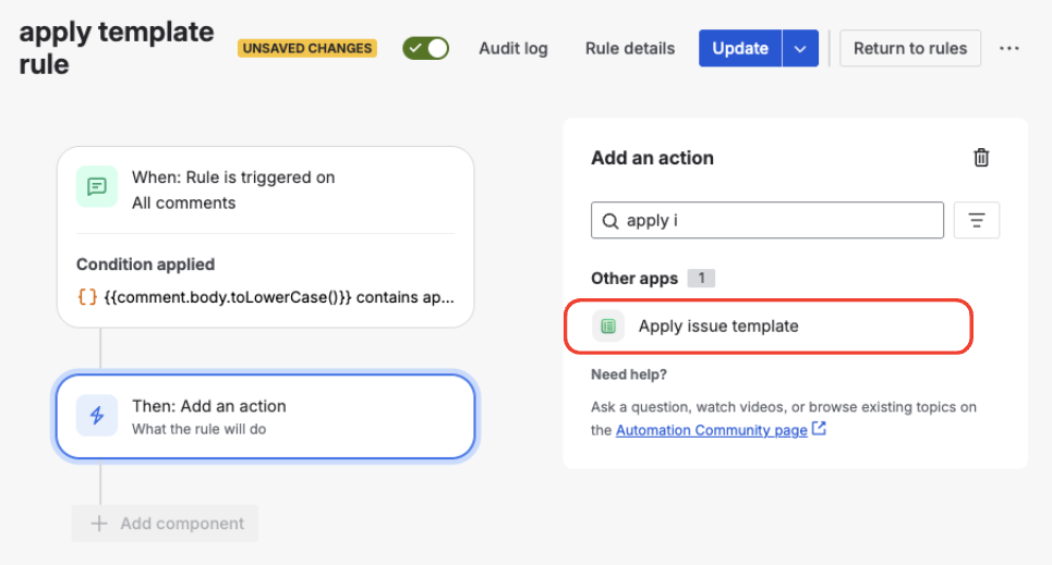 Adding Apply Template action to a Jira Automation rule
