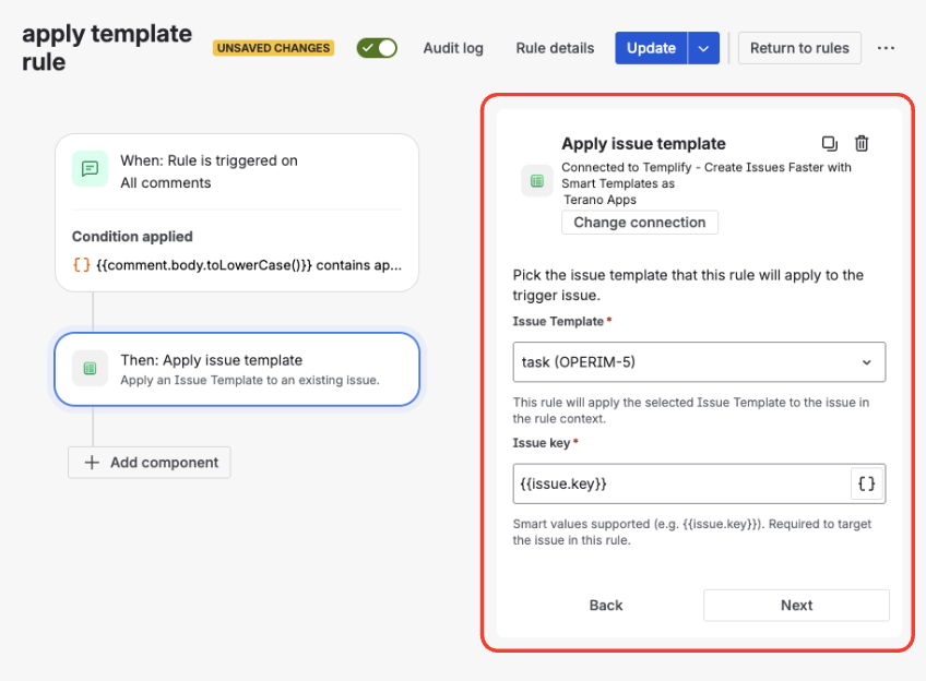 Configuration screen for Apply Template automation action with template picker