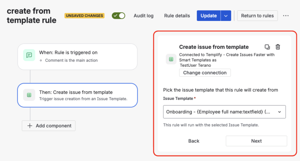 Configuration screen for Create from Template automation action