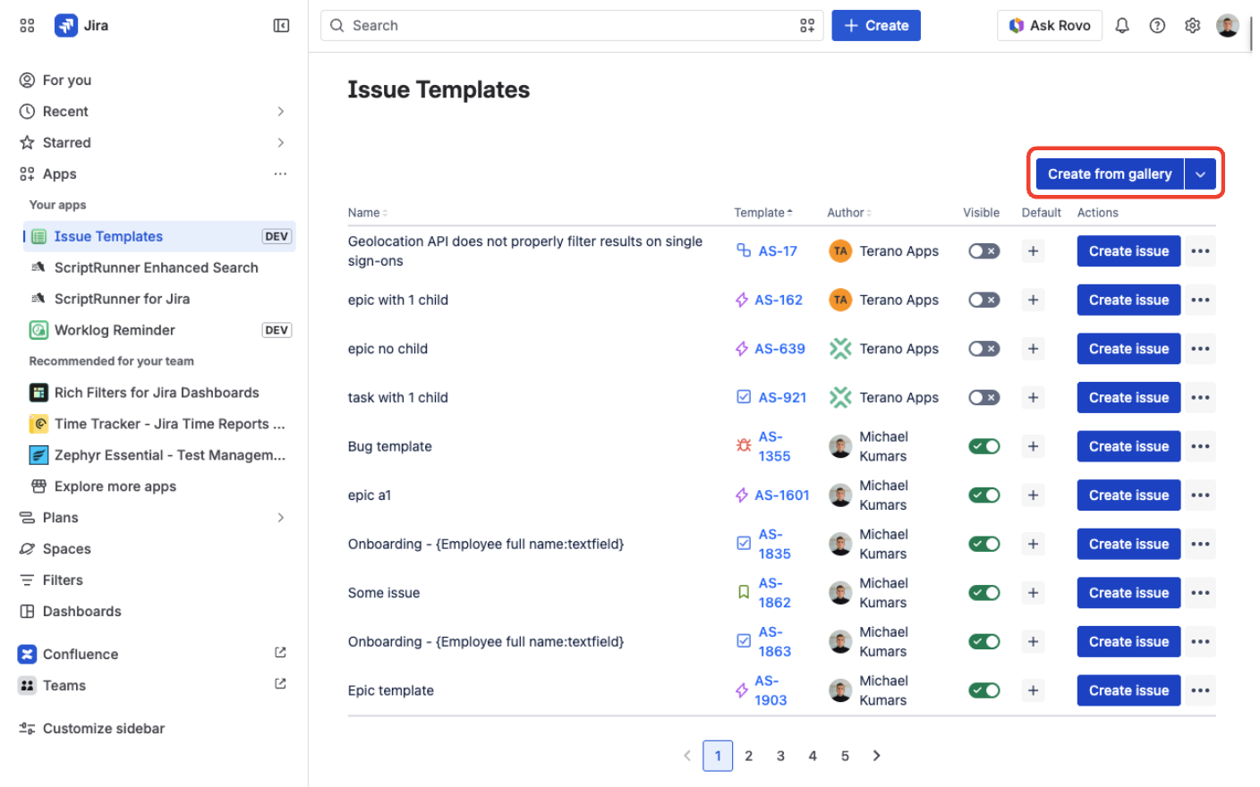 Issue Templates page with the Create from gallery button in the header and the Actions menu next to it