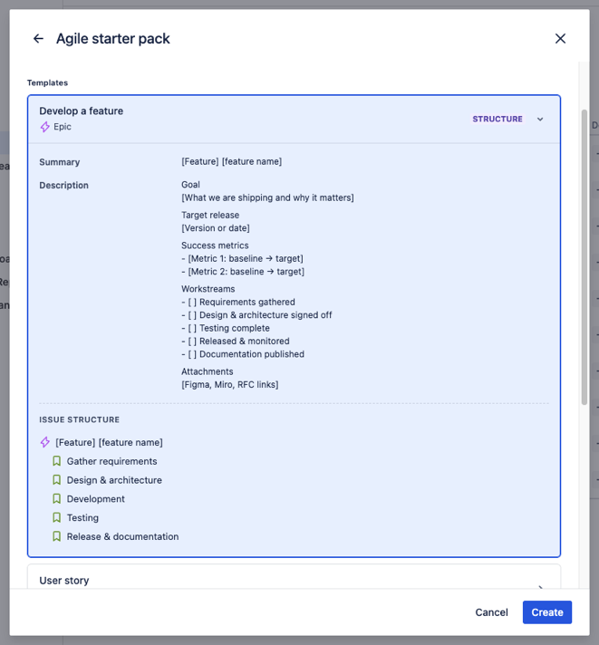 Template preview panel showing selected template field values and issue structure