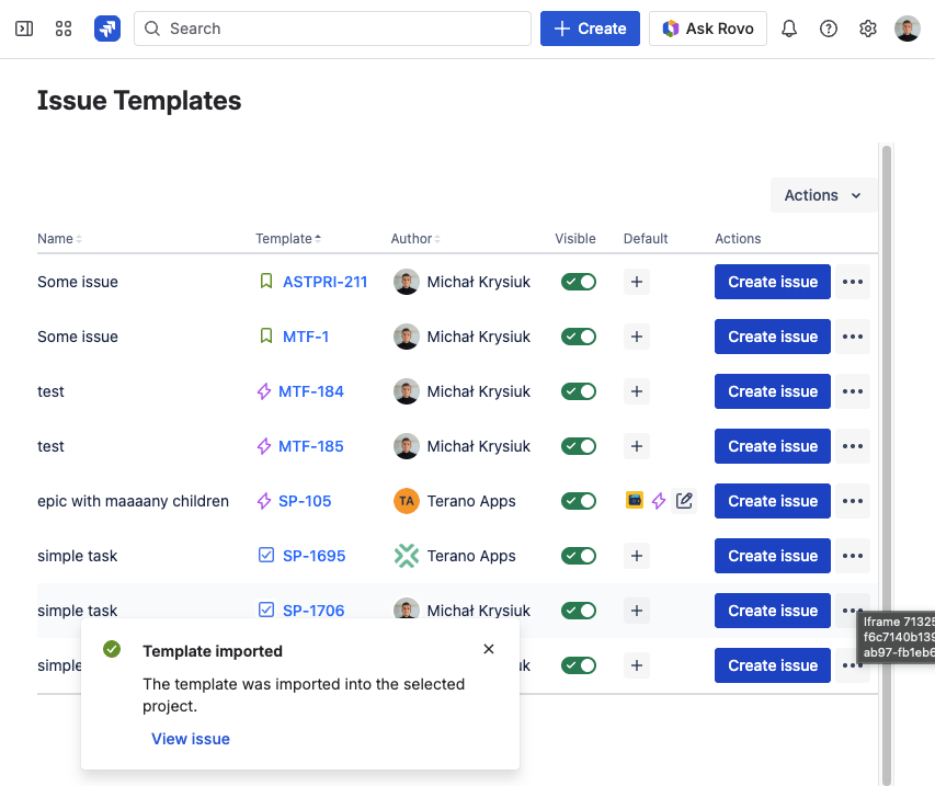 Templify Issue Templates page showing a Template imported confirmation with a View issue action