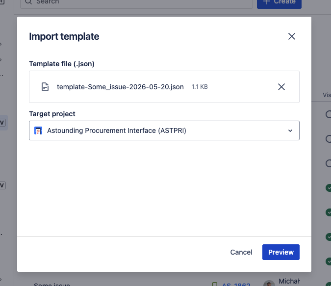 Templify Import template dialog with a file selected and a target project chosen