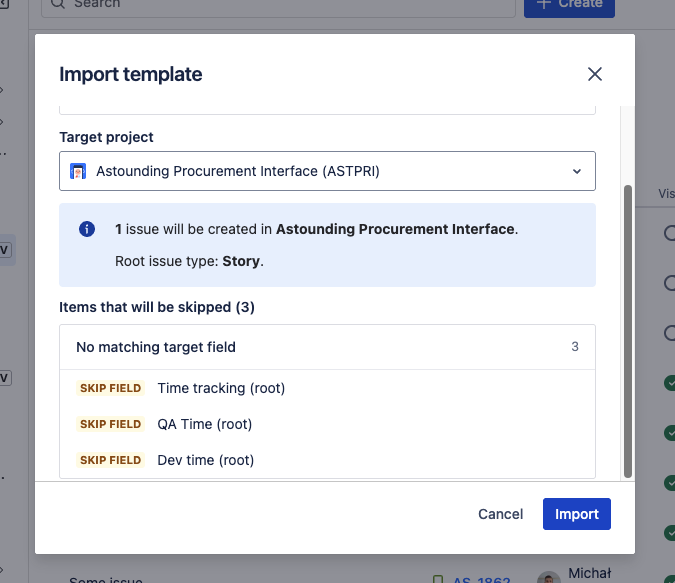 Templify Import template dialog showing the preview report with skipped fields grouped by reason
