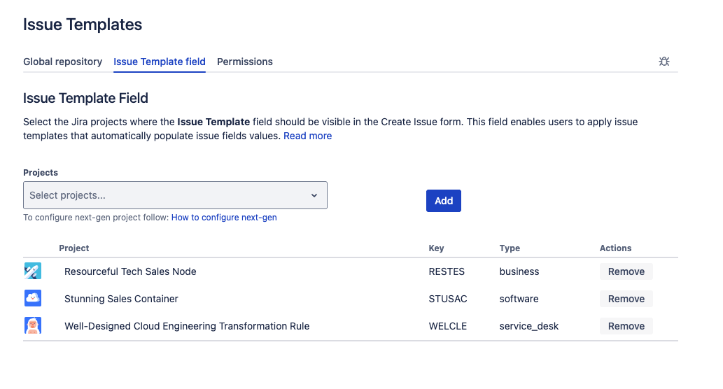 Issue Template field configuration screen showing project and issue type mappings