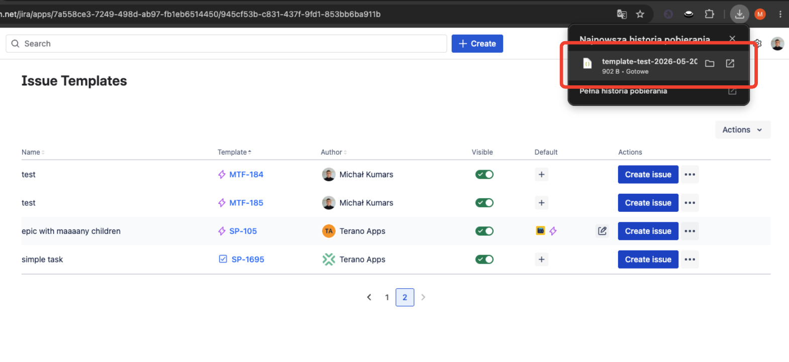 Browser download panel showing the exported template file