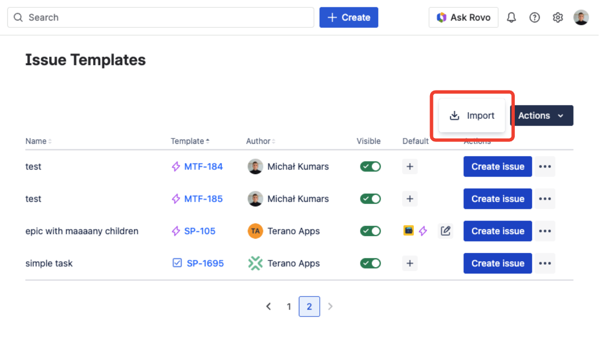 Templify Issue Templates page showing the Import action in the Actions menu