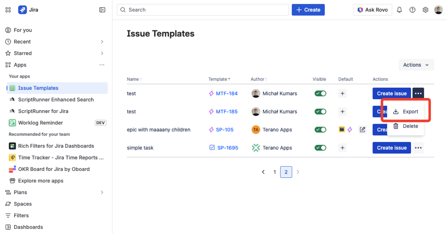 Jira sidebar with Issue Templates selected from the Templify menu