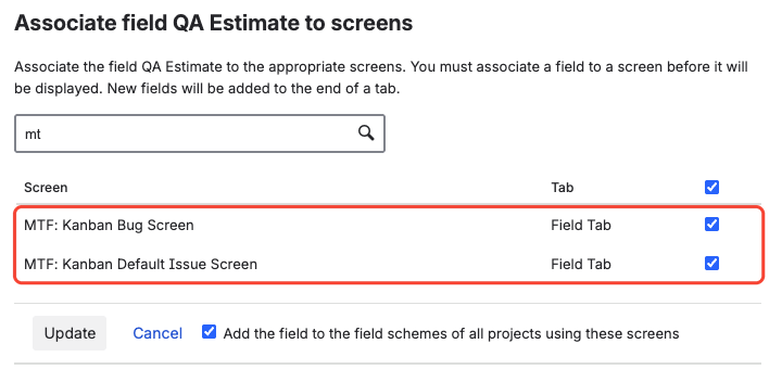 Associate field QA Estimate to screens page with two of a project's screens ticked