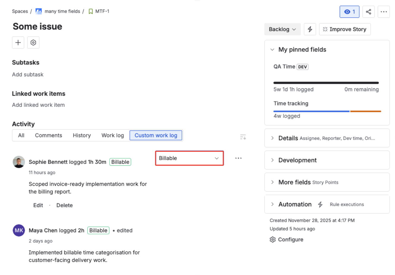 Activity view Billable filter dropdown showing All, Billable, and Non-billable options