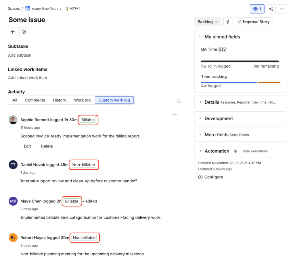 Time Tracking activity panel showing worklogs with green Billable and grey Non-billable tags