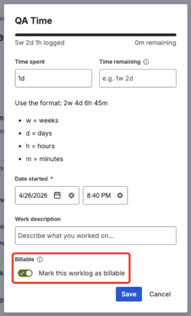 Log work modal on a Time Tracking field with the Billable toggle visible