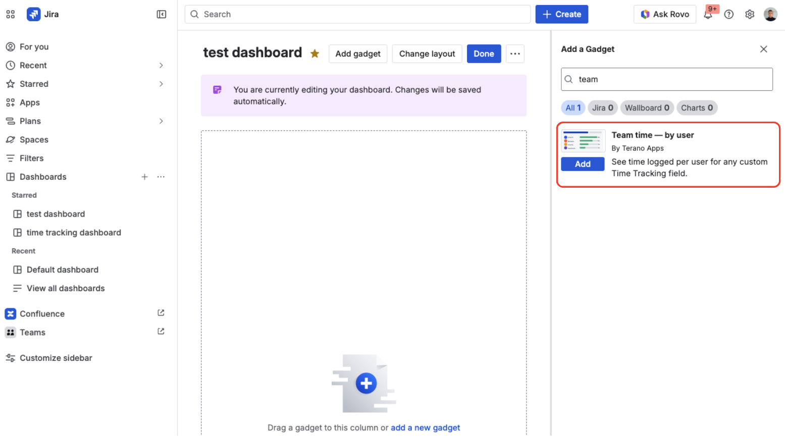 Empty Jira dashboard with the Add gadget dialog open