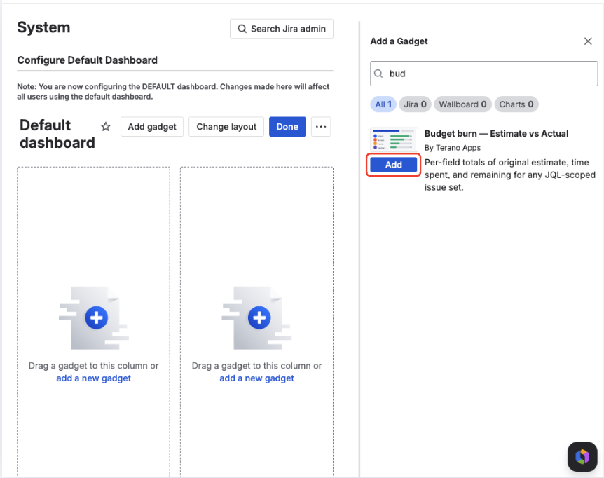 Jira gadget picker with Budget Burn Estimate vs Actual visible in the list