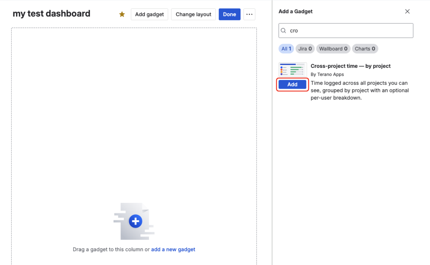 Jira gadget picker with Cross-project time — by project visible in the list