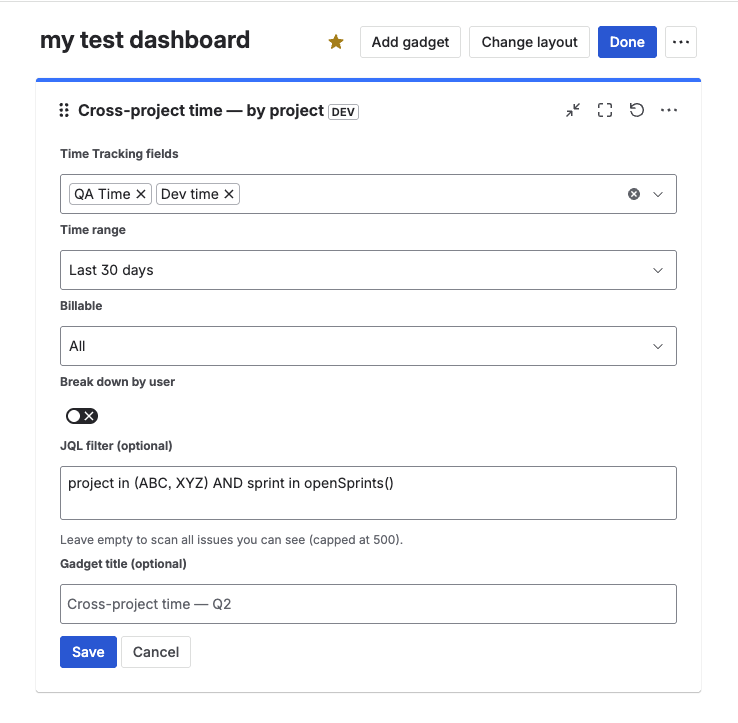 Gadget edit form with Dev Time and QA Time selected, time range Last 30 days, Billable set to All, Break down by user toggled on, no JQL, and an optional title override