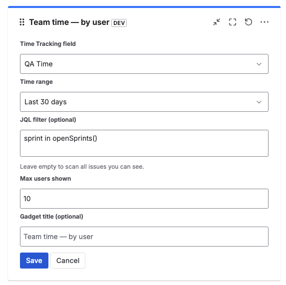 Gadget edit form with Time Tracking field set to Dev Time, time range Last 7 days, an optional JQL filter, max users 10, and a title override