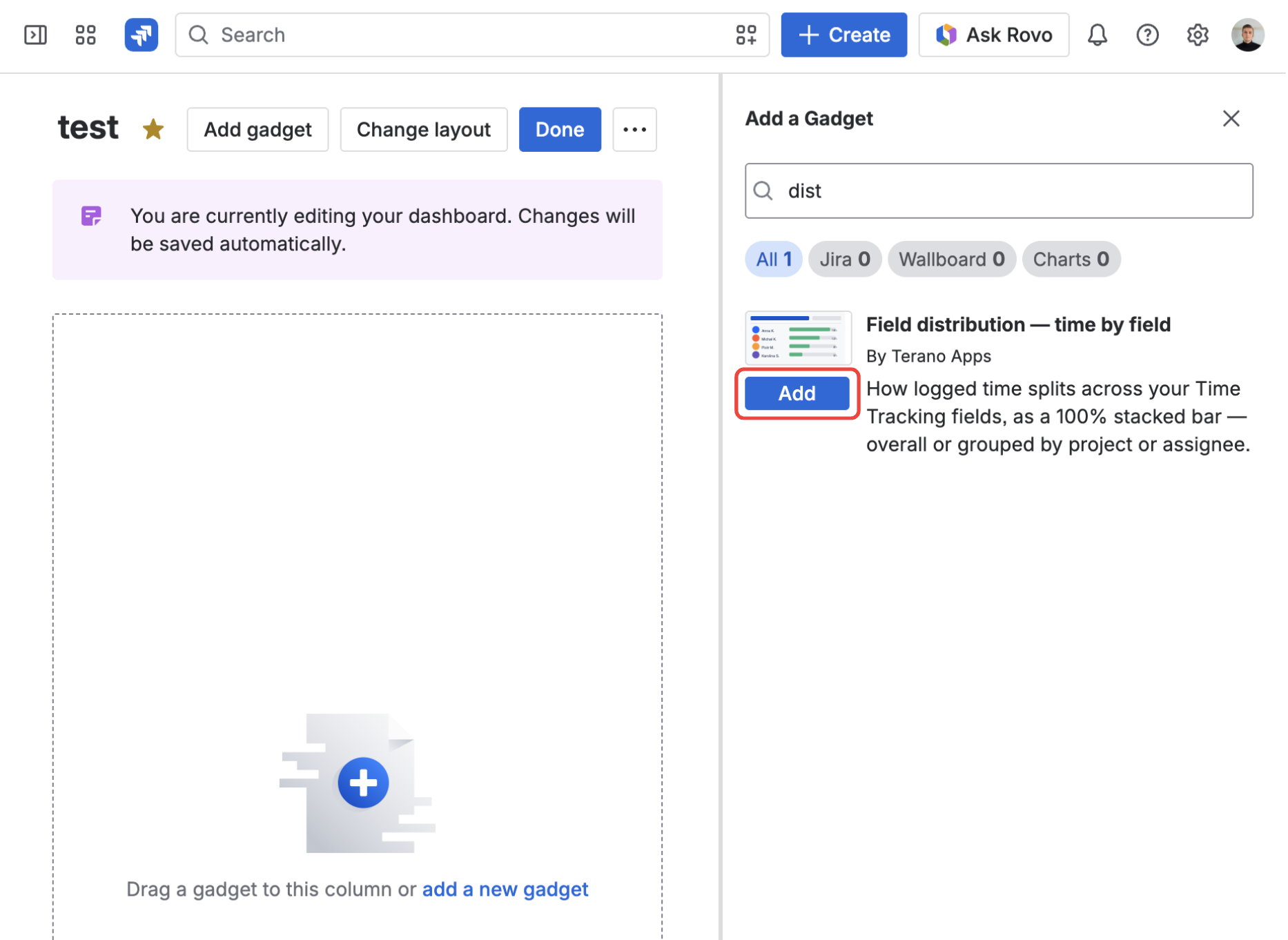 Jira Add a Gadget dialog filtered to dist, showing Field distribution — time by field by Terano Apps with an Add button