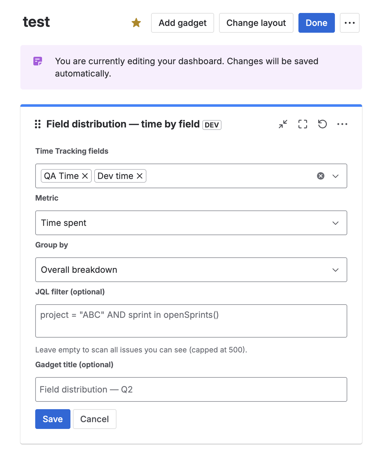 Field Distribution config form with QA Time and Dev time selected, metric Time spent, Group by Overall breakdown, JQL filter project = ABC AND sprint in openSprints(), and a custom gadget title Field distribution — Q2