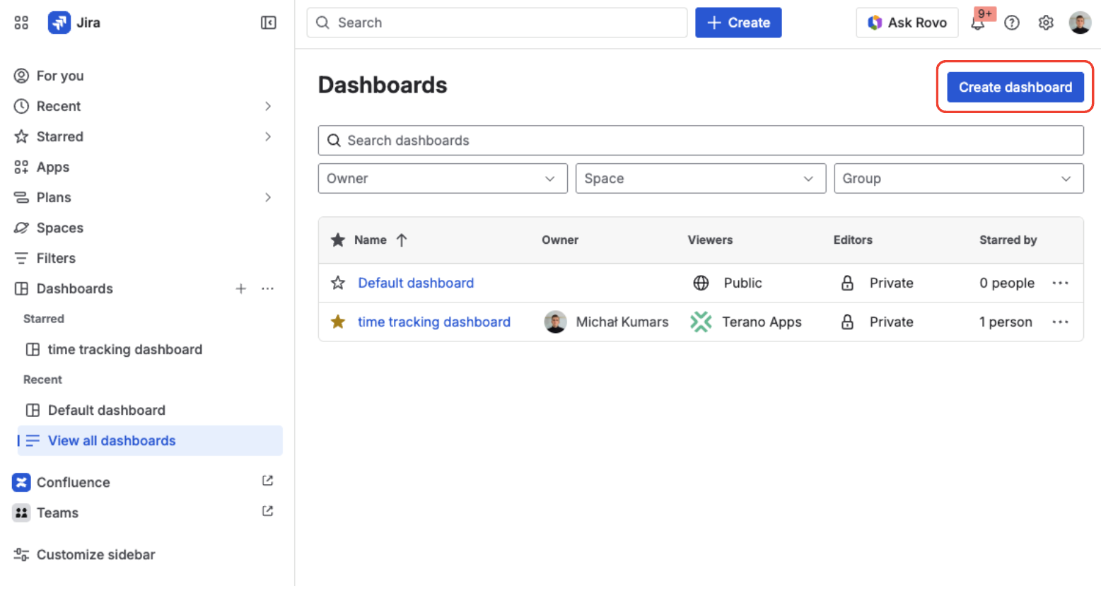 Jira dashboards list with the Create dashboard button and an existing dashboard